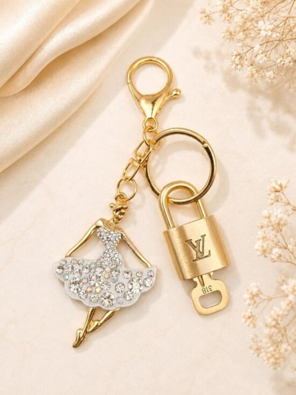 LV Gold Padlock 🔑 + Charm Rhinestone Ballerina Bag Charm